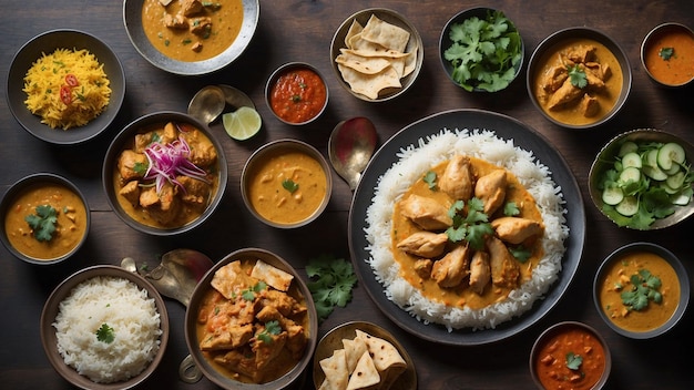 Une vue d'en haut d'un poulet Korma méticuleusement préparé révèle des couches de saveurs et de textures complexes