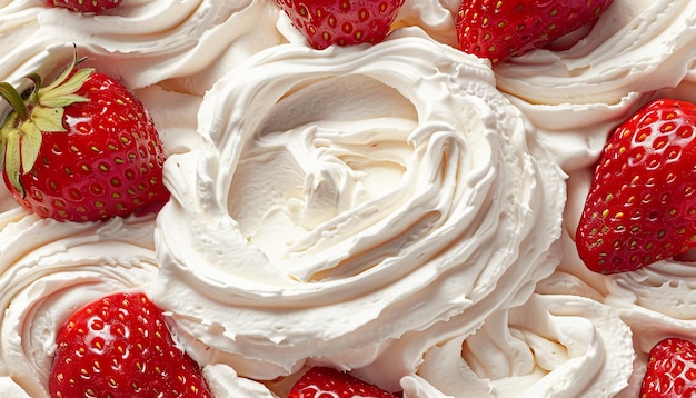 Photo vue en haut de près d'un tas de fraises mûres fraîches avec des morceaux de crème fouettée