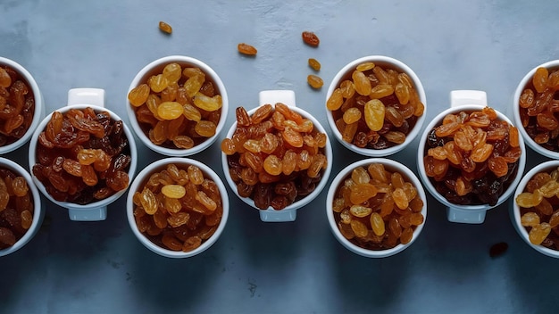 Photo vue de haut des raisins secs dans de petits pots sur une surface grise