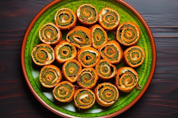 Vue de haut des rouleaux de sushi frits chauds avec du wasabi et du gingembre sur une assiette en bois