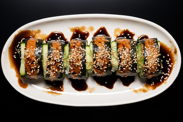 Vue de haut des rouleaux de sushi nori avec du concombre