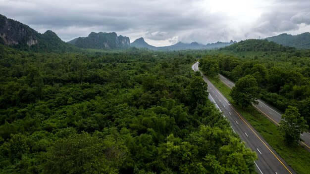 Vue d'en haut de la route de campagne traversant la forêt verte et la montagne