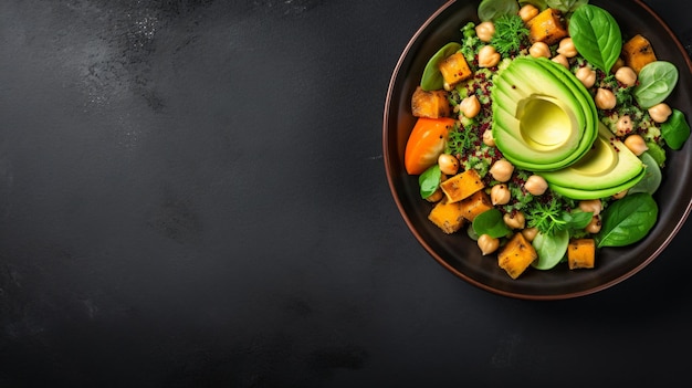 Vue de haut d'une salade avec de l'avocat, du quinoa et des patates douces