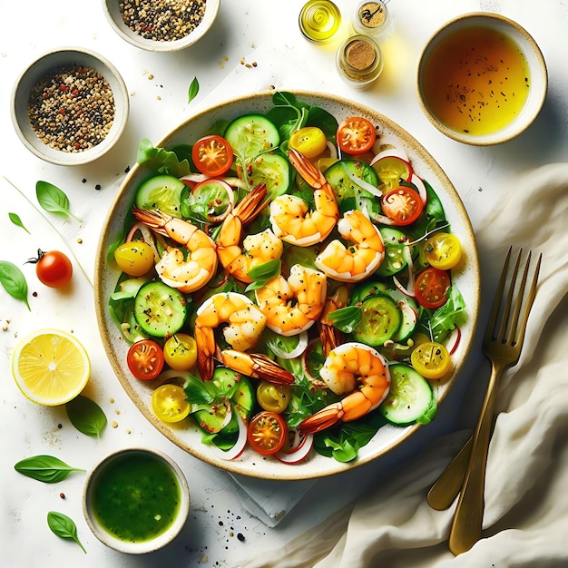 Vue de haut Salade de légumes avec crevettes présentée sur la table à manger