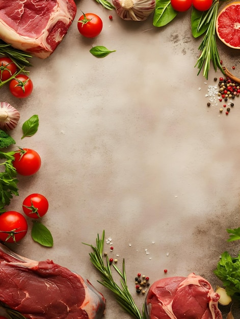 Photo vue de haut d'un steak de viande avec des tomates et des épices