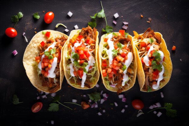 Photo vue de haut des tacos de porc mexicain avec des crèmes acides et des tomates sur la table en bois