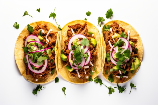 Photo vue de haut des tacos de porc mexicain avec des verts, de l'avocat et de l'oignon isolés sur un fond blanc