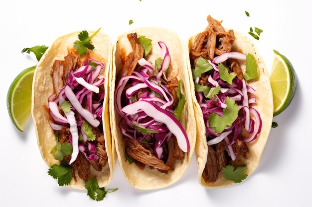 Photo vue de haut des tacos de porc mexicain avec des verts et une salade de chou pourpre isolée sur un fond blanc