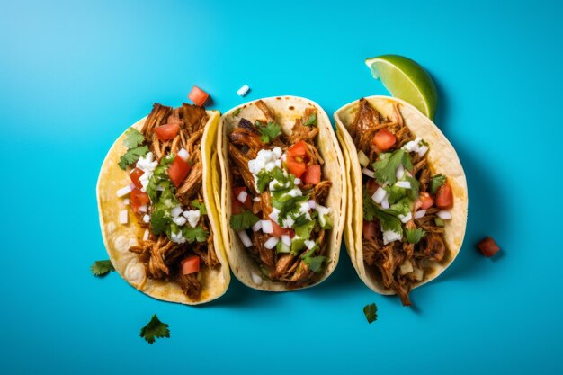 Photo vue de haut des tacos de porc mexicains avec des verts et des tomates sur le fond bleu