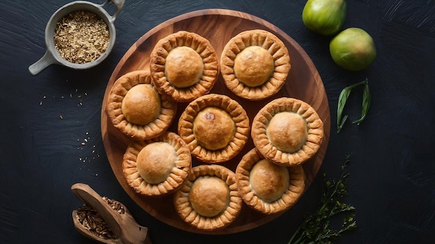 Vue de haut des tartes de viande maison belyashi sur un plateau en bois dans le noir