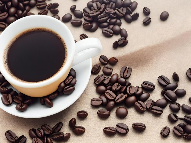 Vue de haut de la tasse de café et des grains de café ai générés