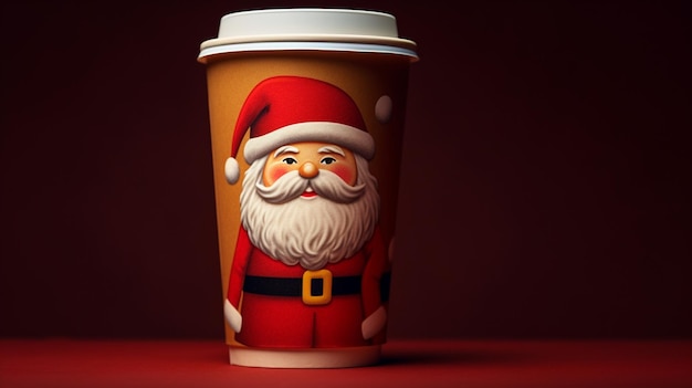 Une vue d'en haut d'une tasse de café latte avec de l'art en forme de Père Noël sur la mousse créant un festif