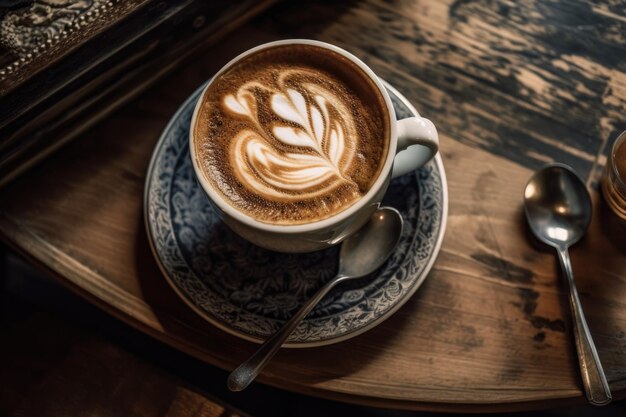 Vue d'en haut d'une tasse de cappuccino sur une table en bois