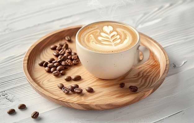 Une vue d'en haut d'une tasse de latte avec de la mousse artistique entourée de grains de café sur un plateau en bois et une surface de texture blanche