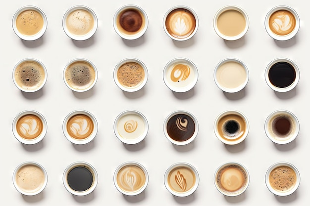 Vue de haut de tasses de café assorties isolées