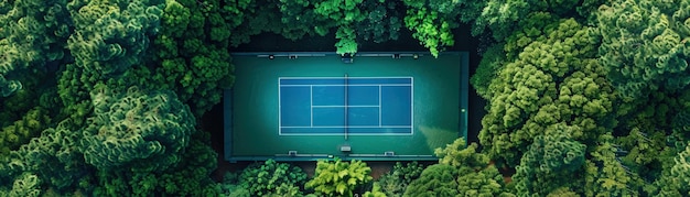 Vue d'en haut d'un terrain de tennis isolé entouré d'arbres verts luxuriants