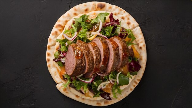 Vue de haut des tranches d'agneau donner placées sur du pain plat avec de la salade verte et des oignons