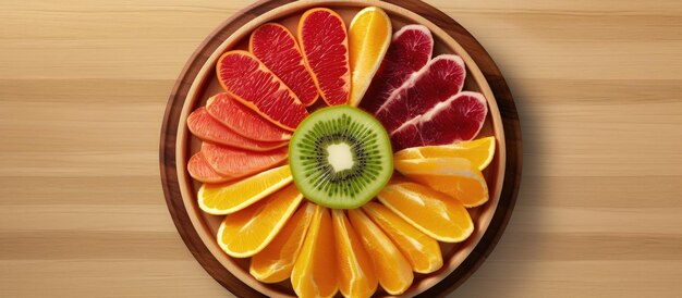 Photo vue d'en haut des tranches de fruits frais sur une assiette en bois soigneusement disposées