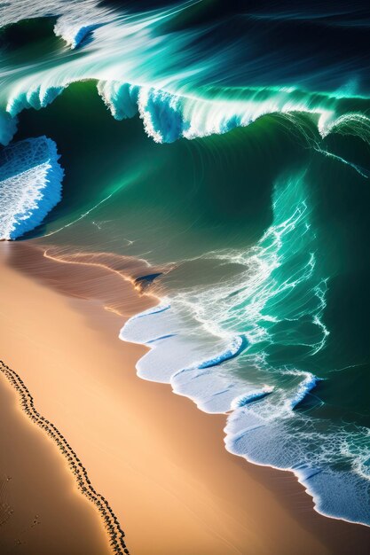Vue d'en haut des vagues de l'océan sur le paysage de la plage de sable Incroyablement beau paysage marin en arrière-plan Postpro