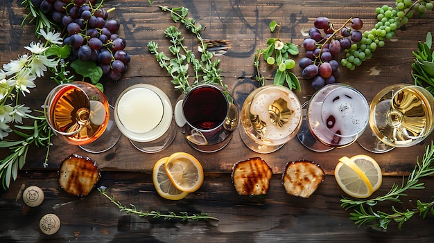 Vue d'en haut d'une variété de boissons alcoolisées, y compris de la bière au vin et des cocktails