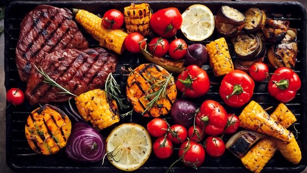 Photo vue d'en haut de la viande et des légumes grillés au barbecue illustration générative ai