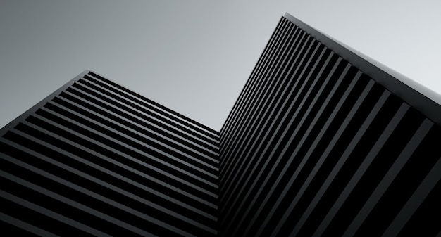 Vue d'en haut Vue bottomup d'un bâtiment sombre de grande hauteur sur un fond gris bleu sombre Gratte-ciel de grande hauteur Bâtiment abstrait de grande hauteur Image industrielle Rendu 3D