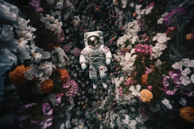 Vue à haute altitude de l'astronaute flottant au-dessus de la mer de fleurs épanouies créées avec une IA générative