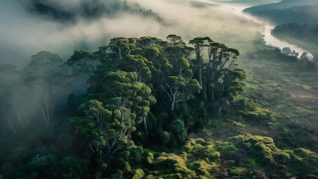 Vue haute angle d'une belle forêt avec beaucoup d'arbres verts enveloppés de brouillard en Nouvelle-Zélande