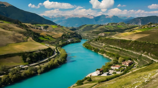 Vue haute angle d'une belle rivière turquoise entre les collines de Longrin en Suisse