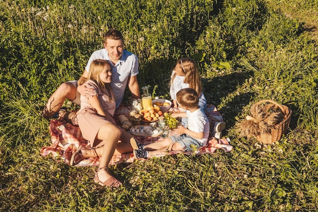 Photo vue haute angle de la famille assise sur une couverture dans le parc