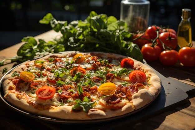 Vue haute de la pizza avec du bacon et des feuilles de roguela près de tranches de poivrons jaunes, d'ail, de bulbes de tomates