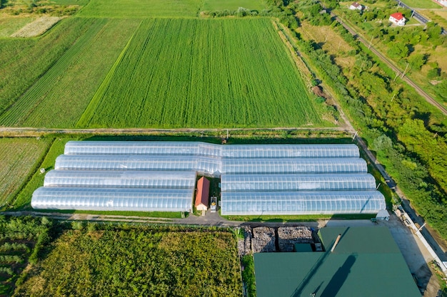 Vue d'une hauteur de grandes serres et champs Agriculture