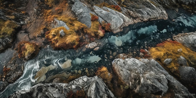 Vue d'une hauteur à la surface d'une rivière de montagneVue aérienne Prise de vue panoramique AI générative