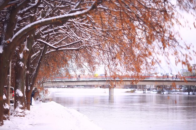 vue d'hiver, remblai paysager de la rivière dans la ville, paysage de novembre