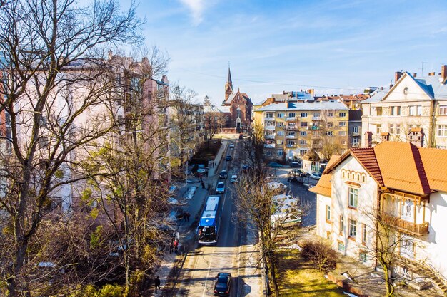 Vue d'hiver de la vue à vol d'oiseau de la ville européenne