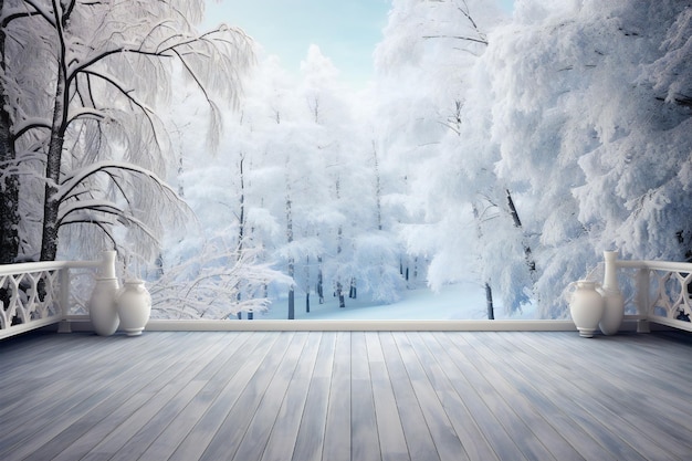 Vue hivernale confortable sur la forêt depuis le sol de la terrasse en bois