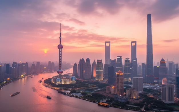 Vue de l'horizon du centre-ville de Shanghai au crépuscule AI générative