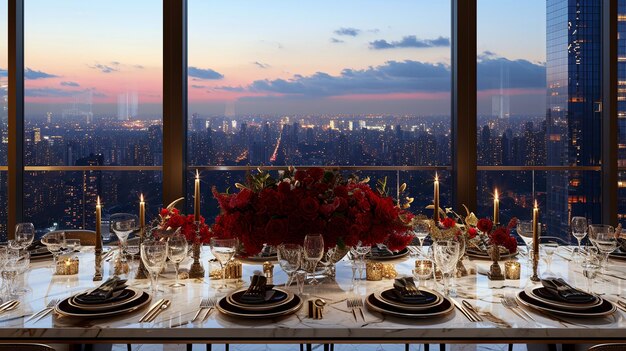 Vue sur l'horizon ouverte Élégante table à manger marbrée avec des teintes douces