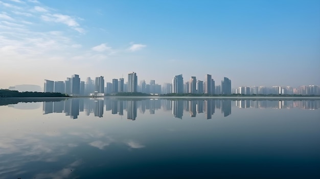 Photo vue d'horizon de ville avec la réflexion de l'eau et le ciel bleu clair