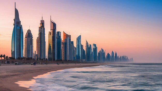 Vue horizontale des gratte-ciel et de la plage de Jumeirah à Dubaï, UAE