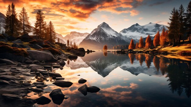 Une vue hypnotisante d'un lac de montagne entouré de feuillage d'automne