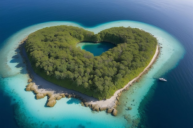 Vue de l'île en forme de cœur avec de la végétation