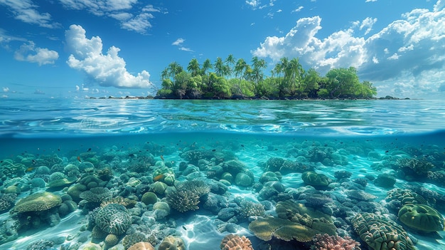 Vue d'une île tropicale et d'un récif corallien avec une ligne d'eau au loin