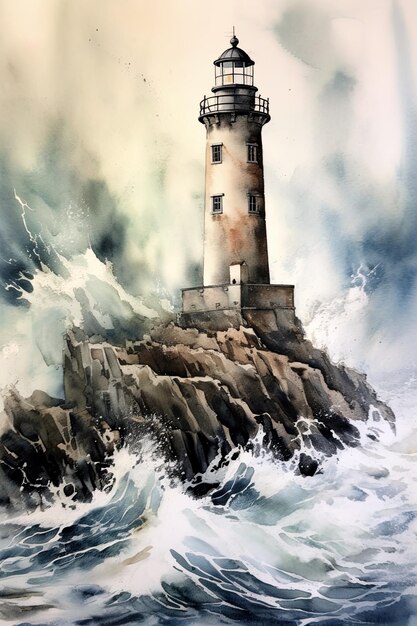 Vue illustrée d'un phare sur un éperon rocheux Tempête en mer avec ciel sombre et vagues déferlantes