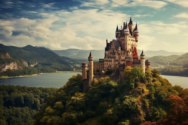 Photo vue sur l'imposant château avec paysage naturel