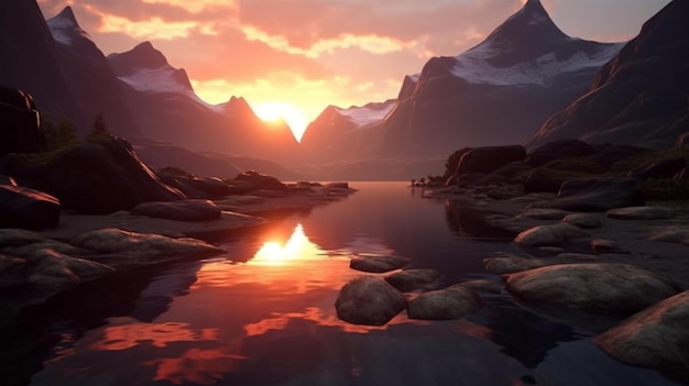 Vue imprenable sur une chaîne de montagnes avec un lac et un coucher de soleil ai génératif