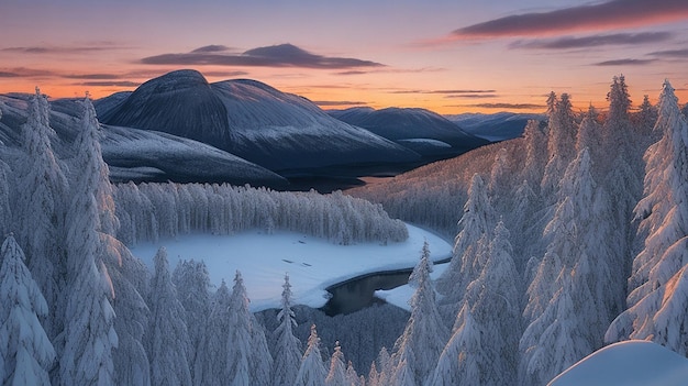 Vue imprenable sur une forêt couverte de neige au coucher du soleil en Norvège