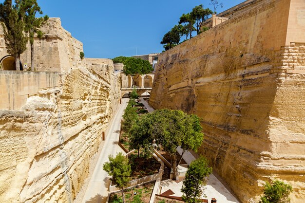 Une vue imprenable sur la forteresse médiévale en pierre avec une belle plantation verte à Malte.