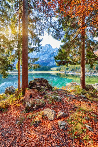 Photo vue imprenable sur le lac fusine avec le pic mangart en arrière-plan