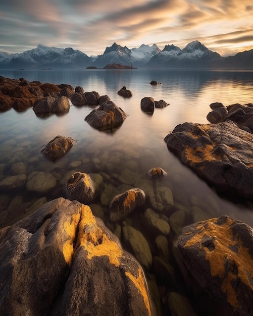 Vue imprenable sur un lac avec des rochers et des montagnes en arrière-plan ai générative